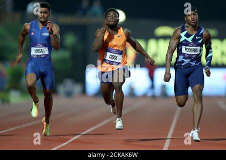 (200916) -- ZAGREB, le 16 septembre 2020 (Xinhua) -- Kojo Musah du Danemark, Arthur Cisse de Côte d'Ivoire et Michael Rodgers des États-Unis (de L à R) concourent dans les 100 mètres masculins au défi mondial de l'IAAF Zagreb-70e Mémorial Hanzekovic à Zagreb, Croatie, le 15 septembre 2020. (Igor Kralj/Pixsell via Xinhua) Banque D'Images