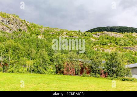 Magnifique paysage norvégien avec arbres ferme montagnes et rochers. Norvège nature. Banque D'Images