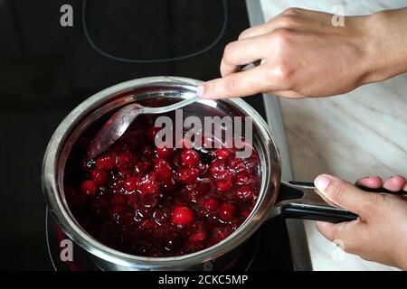 Préparation de gelée de fruits de forêt. Photographie de nourriture maison. Banque D'Images