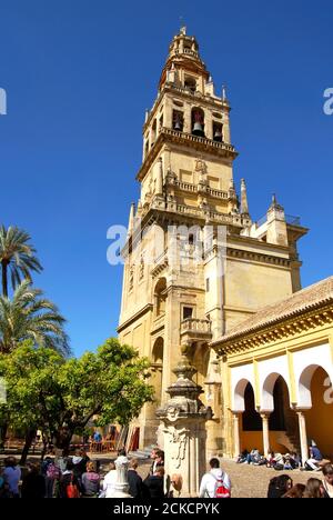 Vue sur le clocher de la cathédrale de Mezquita (mosquée), Cordoue, Espagne. Banque D'Images