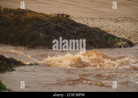 Une vue sur le sable à Saddell Bay, Kintyre, Argyll, Écosse, à côté de l'eau de Saddell à écoulement rapide et des rochers couverts d'algues Banque D'Images