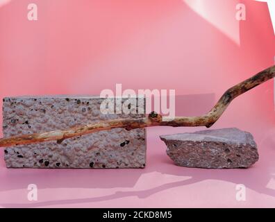 socle en pierre naturelle pour produits cosmétiques ou d'auto-soins. style tendance sur fond rose. branche d'arbre sèche pour un design naturel. Podium pour la présentation de l'emballage. Exposition de texture en pierre. Banque D'Images