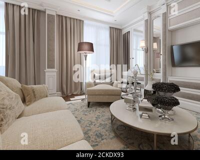 Salon luxueux avec murs ornés de miroirs et mobilier classique aux couleurs beige et café clair. Rendu 3D Banque D'Images