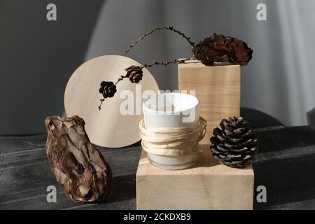 bougie parfumée avec parfum de forêt sur socle en bois. bougie parfumée sur un podium naturel avec des cônes de pin en écorce. parfums pour la maison pour la fraîcheur et l'hiver. Banque D'Images