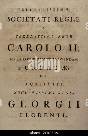 Isaac Newton (1642-1727). Physicien, astronome et mathématicien anglais. 'Opuscula Mathematica, Philosophica et Philologica'. Volume I. page intérieure avec mention et dévouement au roi Charles II Publié à Lausanne et Genève, 1744. Banque D'Images