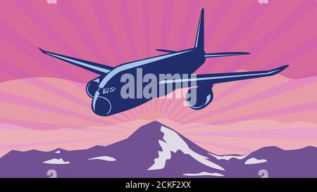 Illustration WPA rétro d'un avion jumbo ou d'un avion de ligne volant au-dessus des sommets de montagne fait dans l'administration de projet de travaux ou le style de projet d'art fédéral. Banque D'Images