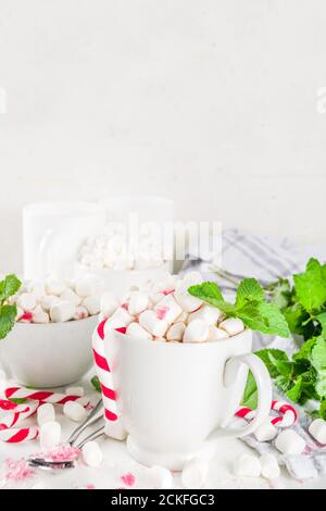 Chocolat chaud à la menthe poivrée maison. Deux tasses de chocolat chaud, avec menthe, guimauve et canne à sucre, sur fond de table blanc Banque D'Images