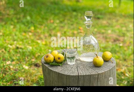 Bouteille et verre de rakia de poire appelé 'Viljamovka' en milieu rural environs Banque D'Images