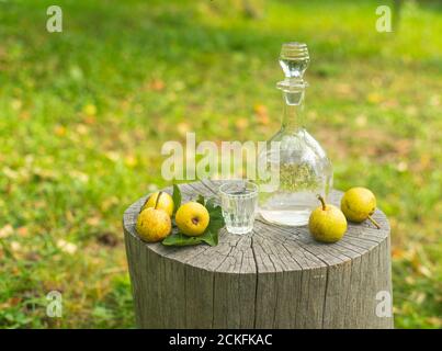 Bouteille et verre de rakia de poire appelé 'Viljamovka' en milieu rural environs Banque D'Images