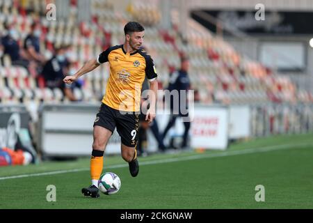 Newport, Royaume-Uni. 15 septembre 2020. Padraig Amond du comté de Newport en action. Carabao Cup EFL Cup 2nd round Match, Newport County v Cambridge Utd au Rodney Parade de Newport, pays de Galles, le mardi 15 septembre 2020. Cette image ne peut être utilisée qu'à des fins éditoriales. Utilisation éditoriale uniquement, licence requise pour une utilisation commerciale. Aucune utilisation dans les Paris, les jeux ou les publications d'un seul club/ligue/joueur. photo par Andrew Orchard/Andrew Orchard sports Photography/Alamy Live News crédit: Andrew Orchard sports Photography/Alamy Live News Banque D'Images