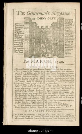 Le magazine Gentleman de mars 1740. Le Gentleman's Magazine est un magazine mensuel fondé à Londres, en Angleterre, par Edward Cave en janvier 1731. Il a fonctionné sans interruption pendant près de 200 ans, jusqu'en 1922. SOURCE : MAGASIN D'ORIGINE retiré du volume lié. Banque D'Images