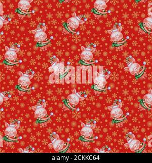 Illustration du motif de Noël et du nouvel an 2019 sans coutures avec aquarelle cochons drôles dessinés à la main en tricoté sur du rouge arrière-plan avec flop. de neige Banque D'Images