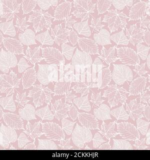 Fée d'automne abstrait feuilles transparentes squelettes modèle sans couture. Délicat blanc feuilles ornement sur fond rose. Imprimé pour textile, papier peint, etc Banque D'Images