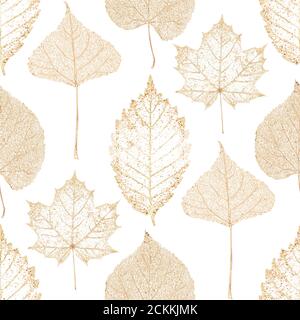 Automne abstrait paillettes or transparent érable hêtre linden feuilles de bouleau squelettes motif sans couture. Décoration étincelante de luxe à feuilles dorées sur blanc b. Banque D'Images
