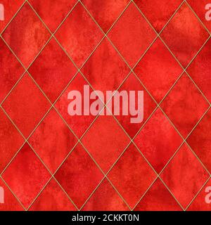 Aquarelle argyle abstrait motif géométrique à carreaux sans coutures avec contour doré scintillant. Aquarelle dessin à la main rouge couleur luxueux brillant backgro Banque D'Images