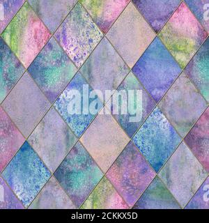 Aquarelle argyle abstrait motif géométrique à carreaux sans coutures avec contour doré scintillant. Aquarelle fond coloré dessiné à la main. T-elle étincelante de luxe Banque D'Images