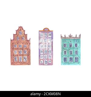 Maisons de la vieille europe. Ensemble de trois aquarelles maisons de style européen d'Amsterdam isolées sur fond blanc. Aquarelle dessin main pays-Bas styl Banque D'Images