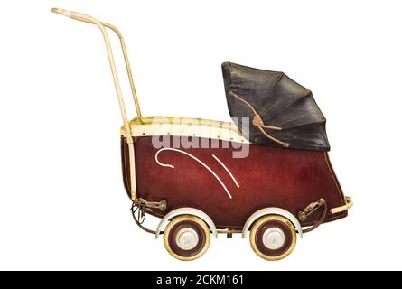 Vue latérale d'un bébé vintage pram isolé sur un arrière-plan blanc Banque D'Images