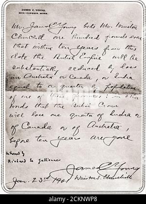 Parier sa foi dans l'Empire britannique avec un pari de 100 livres. La signature de Churchill sur un feuillet de mise , datée du 23 janvier 1901, à l'écriture d'un ami, M. James C. Young, avec lequel il a pris le pari aux États-Unis. Sir Winston Leonard Spencer-Churchill, 1874 – 1965. Politicien britannique, officier de l'armée, écrivain et deux fois Premier ministre du Royaume-Uni. Banque D'Images