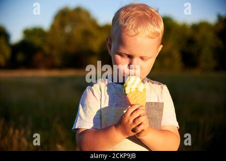 Un garçon blond de deux ans mange un bonbon sous forme de crème glacée dans un pré d'été. L'été. Banque D'Images