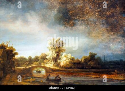 Paysage avec un pont de pierre par Rembrandt Harmensz van Rijn (1606-1669) huile sur le panneau (1638) Banque D'Images