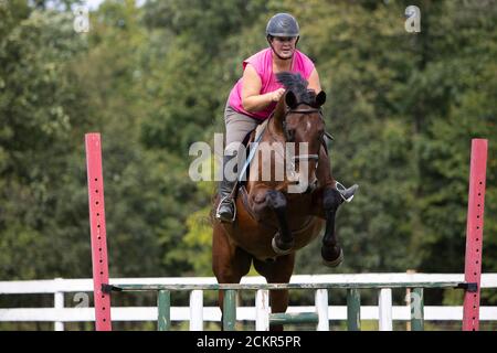 Femme à cheval et à sauter une clôture. Banque D'Images