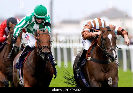 Le Prince Caspian est monté par le jockey Tom Marquand (à droite) sur le chemin de gagner le Free Tips Daily sur attheraces.com handicap à l'hippodrome de Great Yarmouth. Banque D'Images