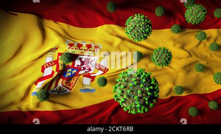 COVID-19 molécules du coronavirus sur le drapeau espagnol - crise sanitaire avec Augmentation des cas de COVID - Espagne victimes de la pandémie de virus Résumé Arrière-plan Banque D'Images