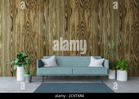 Canapé avec oreillers et plantes près du mur en bois, appartement simple, décoration intérieure minimaliste moderne, style de mode, 3D Rendering Illustration, conte Banque D'Images