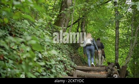 Les gars marchent le long des chemins de la forêt. Deux filles et un gars marchent dans le parc. Promenade le long des chemins de montagne. Banque D'Images