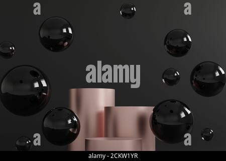 Scène minimale abstraite avec formes géométriques. Solde du Vendredi fou. Cylindres podiums or rose sur fond noir. Scène pour montrer des podruques cosmétiques Banque D'Images