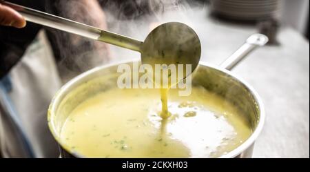 Soupe crémeuse mélangée de légumes à la vapeur tandis que la louche l'agite un pot Banque D'Images