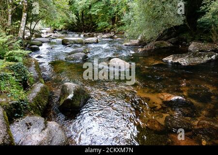 Rivière Dart à Dartmeet, la jonction des affluents de la Dart, de la Dart Ouest et de la Dart est, Dartmoor, Devon, Royaume-Uni Banque D'Images