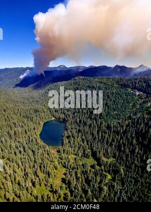 Fume le ciel depuis le feu de Beachie Creek dans l'ancienne croissance Opal Creek Wilderness le 3 septembre 2020 près de Jawbone Flats, Oregon. Le feu a brûlée plus de 191,000 hectares dans la nature sauvage immaculée. Banque D'Images