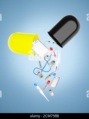 Les dispositifs médicaux sont tombés sur les grandes capsules d'antibiotiques noires et jaunes sur un fond gris-blanc. Le concept de maintenir une bonne santé par taki Banque D'Images
