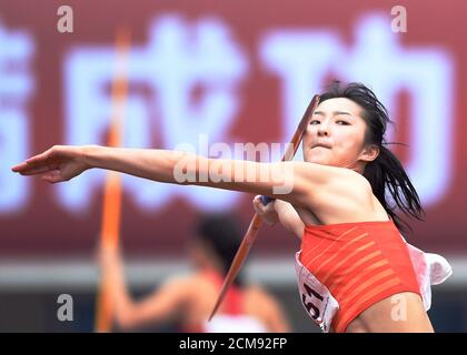 Pékin, province chinoise de Zhejiang. 16 septembre 2020. Liu Jingyi est en compétition pendant le jet de javelin heptathlon féminin le deuxième jour des Championnats nationaux d'athlétisme chinois 2020 à Shaoxing, dans la province de Zhejiang, en Chine orientale, le 16 septembre 2020. Credit: Jia Yuchen/Xinhua/Alay Live News Banque D'Images