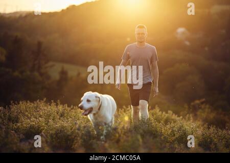Homme avec chien sur la prairie au coucher du soleil. Propriétaire d'animal de compagnie marchant avec son Labrador retriever mignon dans l'herbe. Banque D'Images