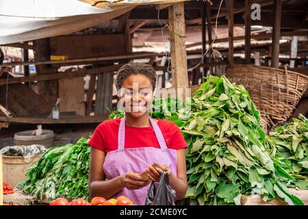 portrait d'une femme africaine souriante qui vend dans un local marché africain Banque D'Images