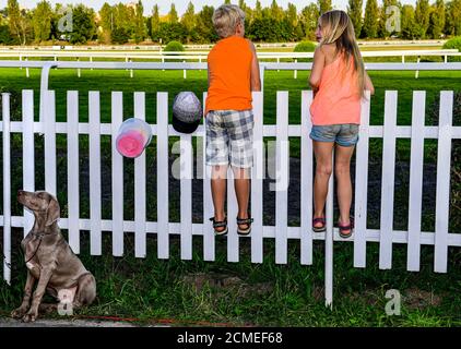 Prague, République tchèque. 13 septembre 2020. Les enfants regardent les courses hippiques de la coupe d'or de l'électrification des chemins de fer de Prague le 13 septembre 2020, à l'hippodrome de Velka Chuchle, à Prague, en République tchèque. Crédit : Roman Vondrous/CTK photo/Alay Live News Banque D'Images