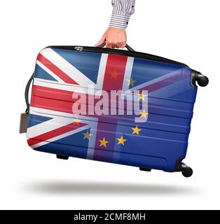 Main tenant la valise moderne de l'Union Jack conception. Laissant l'UE isolée sur le concept blanc du Brexit Banque D'Images