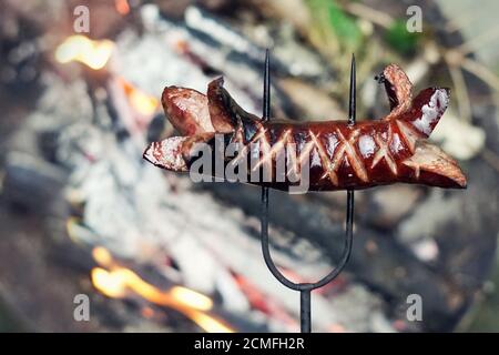 saucisse rôtie sur le feu Banque D'Images