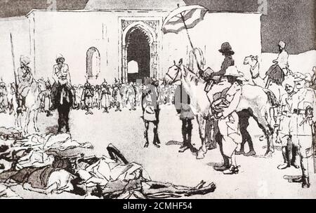 Massacre d'Amritsar. Dessin de 1921. Le massacre de Jallianwala Bagh, également connu sous le nom de massacre d'Amritsar, a eu lieu le 13 avril 1919, lorsque le Brigadier-général par intérim Reginald Dyer a ordonné aux troupes de l'armée indienne britannique de tirer leurs fusils sur une foule de civils indiens non armés à Jallianwala Bagh, Amritsar, Punjab, tuant au moins 379 personnes et blessant plus de 1,200 autres personnes. Banque D'Images