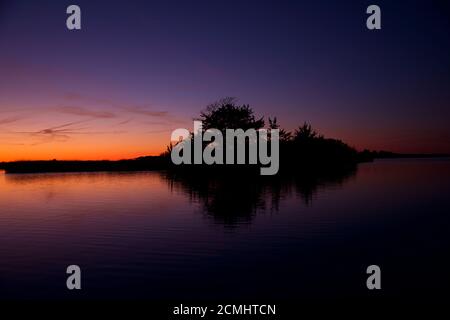 Coucher de soleil sur l'île d'Assateague avec silhoutte de marais, d'eau, de hautes herbes et d'arbres. Banque D'Images