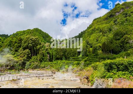 Eau bouillante et vapeur chaude s'échappant de Caldeira Grande dans la petite ville de Furnas, île de Sao Miguel aux Açores, Portugal Banque D'Images