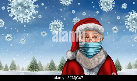 Santa portant un concept de masque de visage comme symbole de la saison des fêtes de Noël pour la santé et la prévention des maladies coronavirus et Covid-19 ou grippe. Banque D'Images