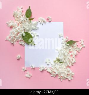 Mariage féminin, papier à lettres d'anniversaire, scène de maquette. Carte de vœux vierge avec pétales blancs et feuilles vertes. Fond rose. Flat lay, vue de dessus Banque D'Images