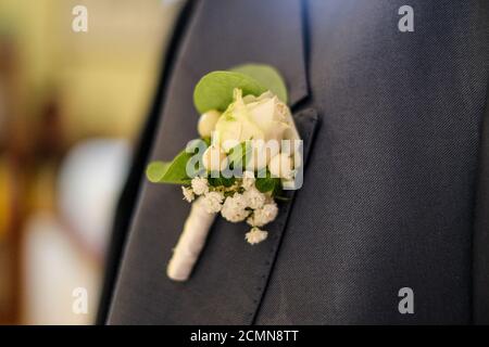 fleur rose dans la boutonnière de la combinaison du marié pour le mariage. Photo de haute qualité Banque D'Images