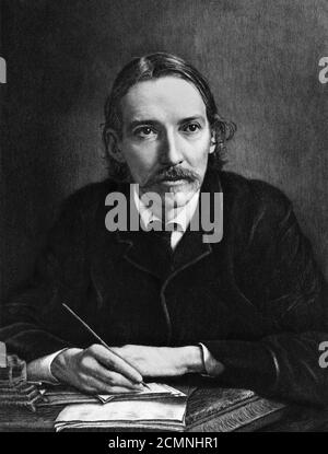 Robert Louis Stevenson. Portrait du romancier écossais Robert Louis Stevenson (1850-1894), par Jacques Reich, gravure, 1909 Banque D'Images