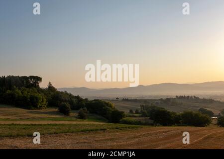 Toscane, paysage rural en Crète Senesi pays. Collines ondoyantes, ferme de campagne, cyprès des arbres, champ vert sur un coucher de soleil chaud. Sienne, Italie Banque D'Images