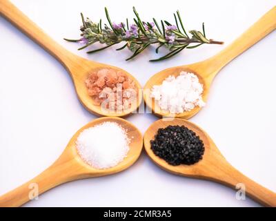 Cuillères en bois avec du sel himalayan, du sel hawaïen noir, du sel commun, des flocons de sel et une brindille de romarin Banque D'Images